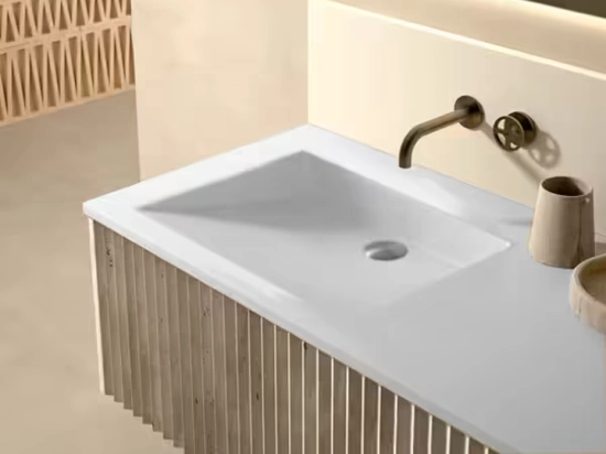 Plan vasque lavabo, sur mesure, Largeur 61 à 200 cm x Profondeur 46 à 80 cm, résine composite de haute qualité, Finition lisse blanc BRILLANT laqué ou mate, Livraison Offerte.